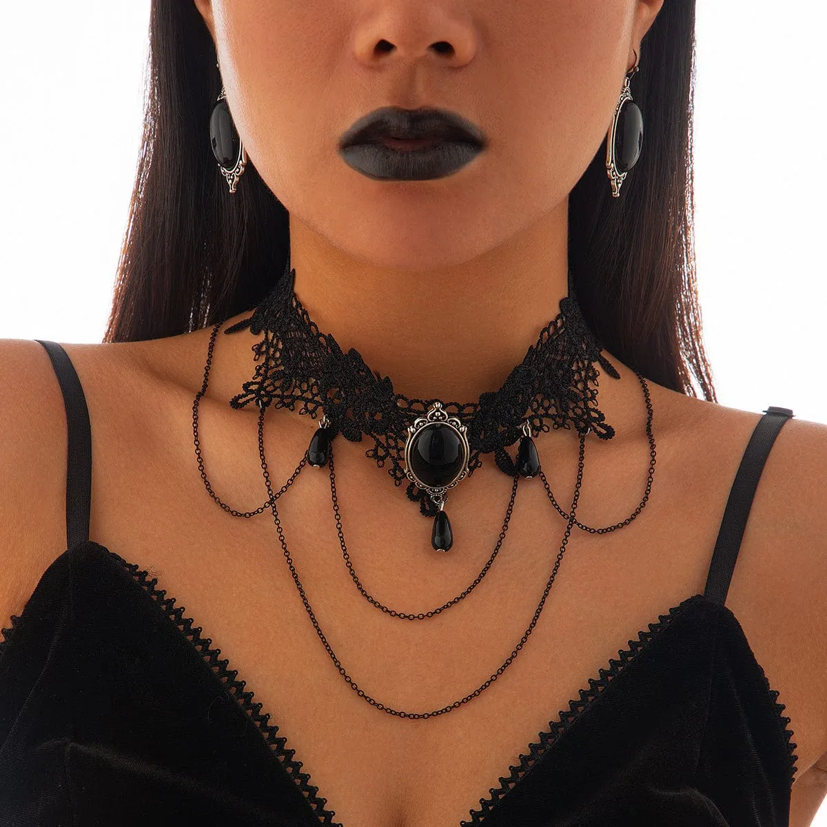 Lolita Layered Crystal Inlaid Floral Lace Choker Necklace Earrings Set