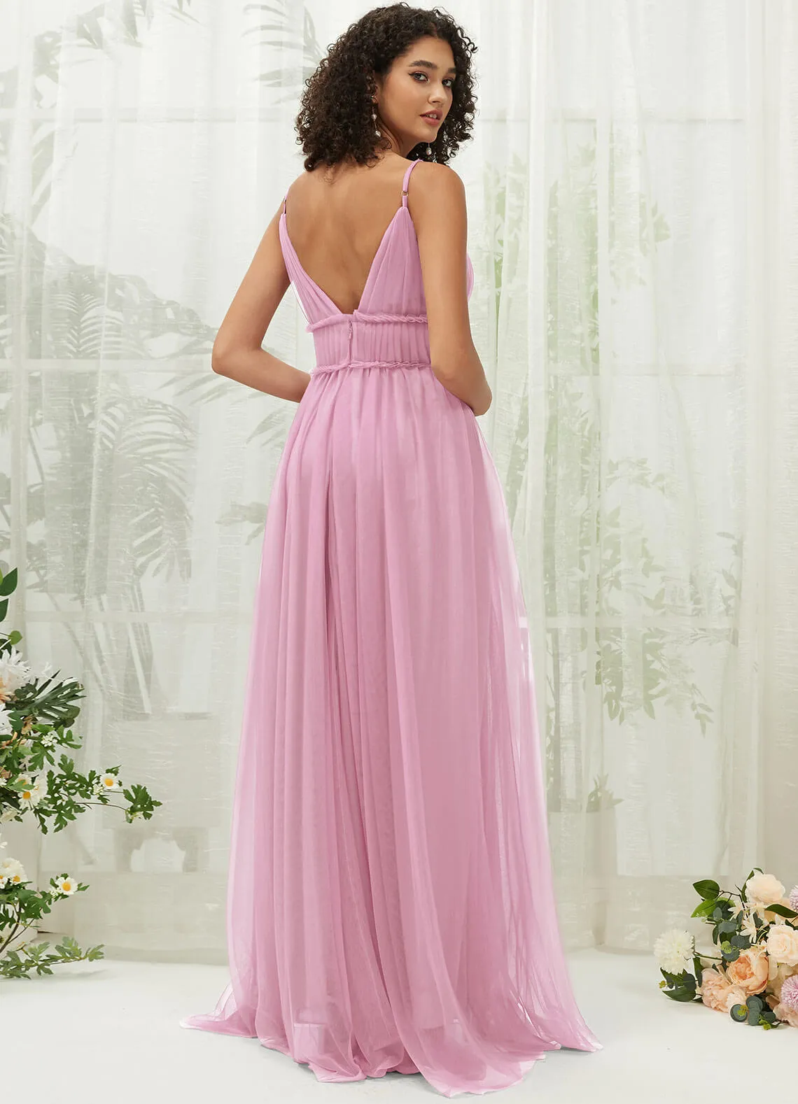 Mauve Tulle Backless Pleated Pocket Floor Length Bridesmaid Dresses