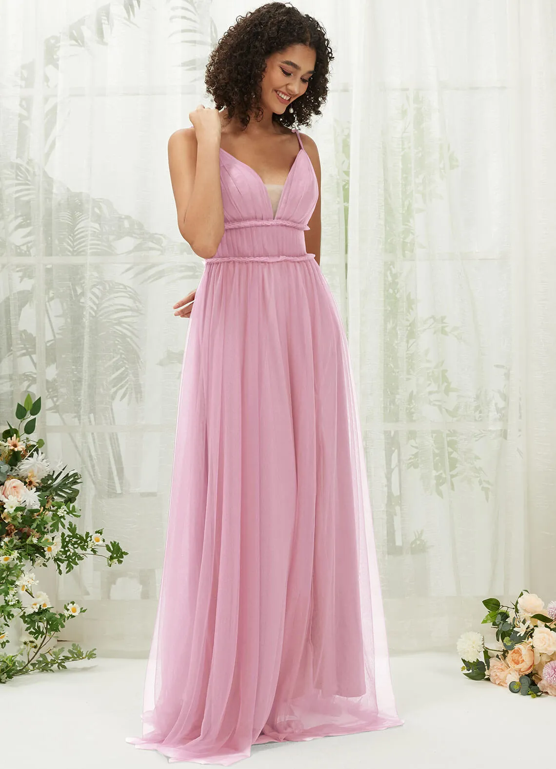 Mauve Tulle Backless Pleated Pocket Floor Length Bridesmaid Dresses