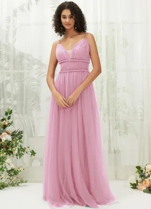 Mauve Tulle Backless Pleated Pocket Floor Length Bridesmaid Dresses
