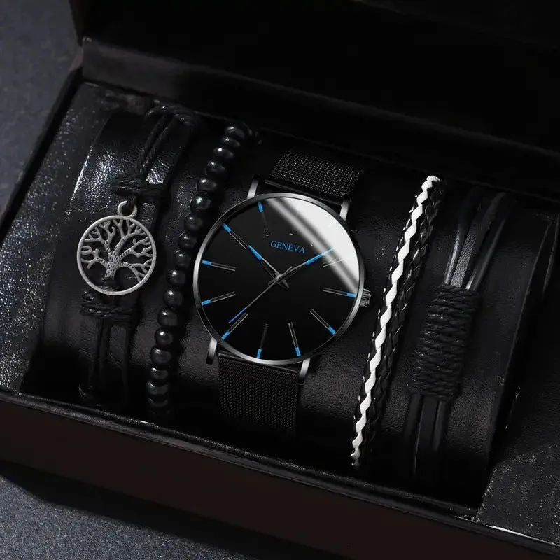 Men's Fashion Simple Quartz Watch All-match Beaded Bracelet