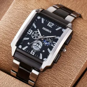 Men's Stainless Steel Quartz Watch - Fashionable Black Rectangular Dial