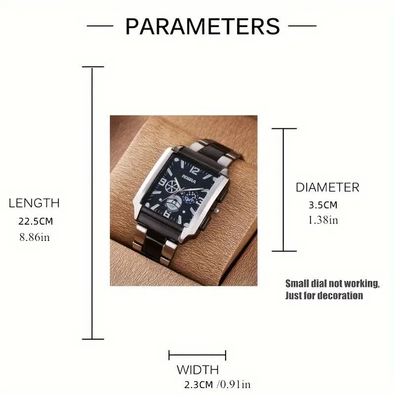 Men's Stainless Steel Quartz Watch - Fashionable Black Rectangular Dial