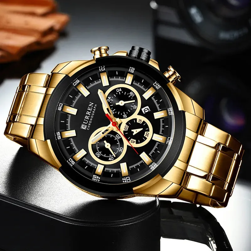 Men’s Watches Top Brand Big Sport Watch Luxury Men Military Steel Quartz Wrist Watches Chronograph Gold Design Male Clock