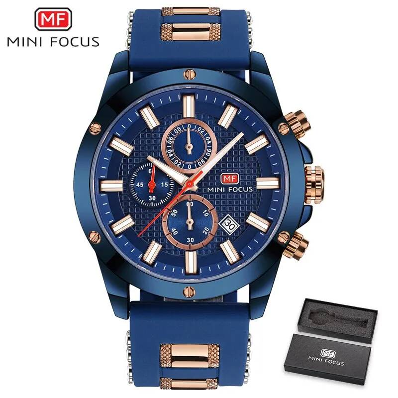 MINI FOCUS Watch Men Chronograph Top Brand Luxury Quartz Sports Watches Army Military Silicone Strap Wrist Watch Male Blue Clock