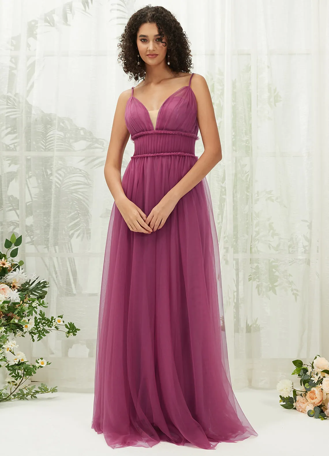 Mulberry Tulle Backless Pleated Pocket Floor Length Bridesmaid Dresses
