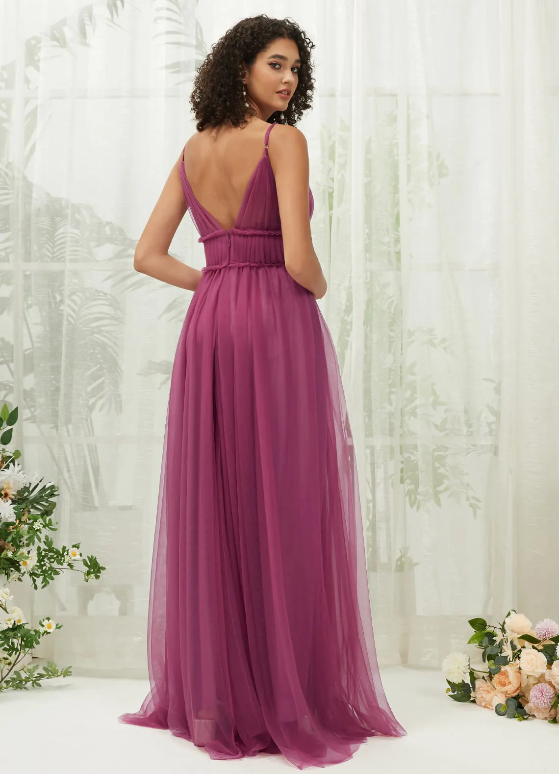 Mulberry Tulle Backless Pleated Pocket Floor Length Bridesmaid Dresses