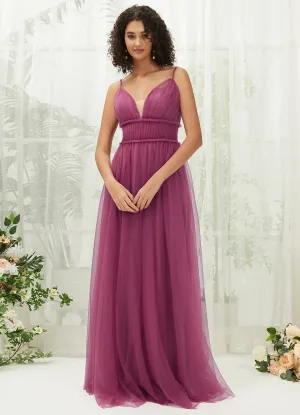 Mulberry Tulle Backless Pleated Pocket Floor Length Bridesmaid Dresses