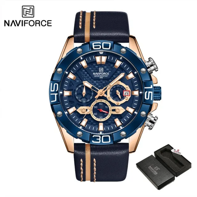 NAVIFORCE Men’s Watch Chronograph Waterproof Sport Fashion Quartz Watches with Military Leather Strap