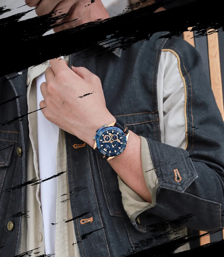 NAVIFORCE Men’s Watch Chronograph Waterproof Sport Fashion Quartz Watches with Military Leather Strap