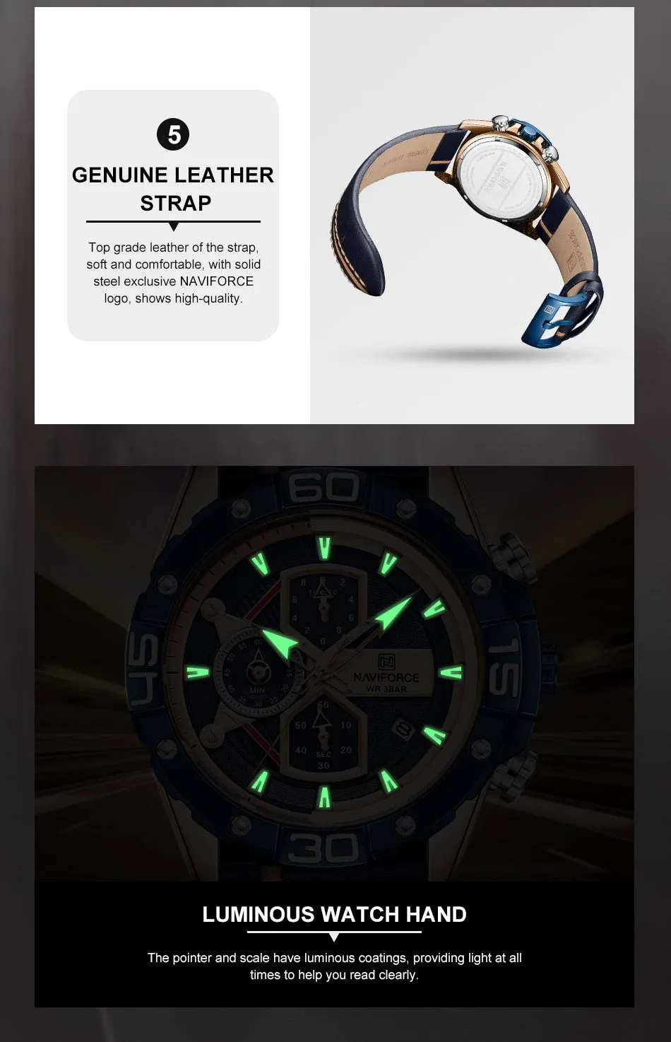 NAVIFORCE Men's Watches Military Sport Genuine Leather Waterproof Chronograph Quartz Wrist Watch
