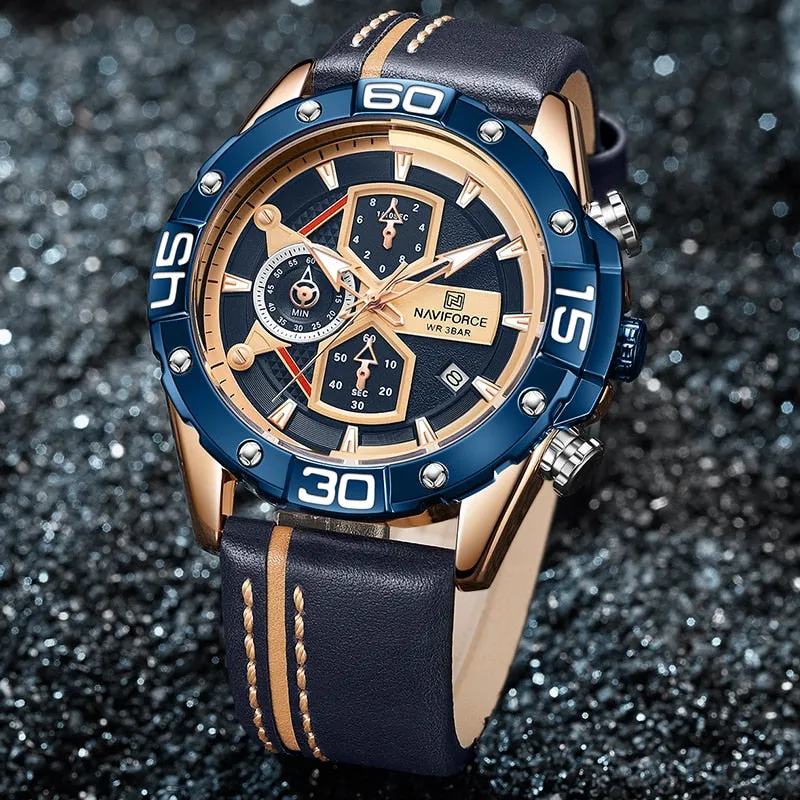NAVIFORCE Men's Watches Military Sport Genuine Leather Waterproof Chronograph Quartz Wrist Watch