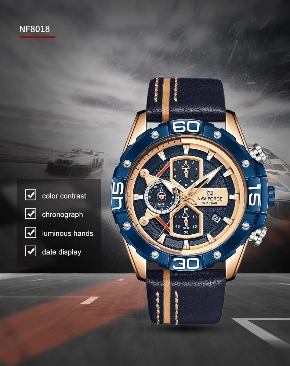 NAVIFORCE Men's Watches Military Sport Genuine Leather Waterproof Chronograph Quartz Wrist Watch