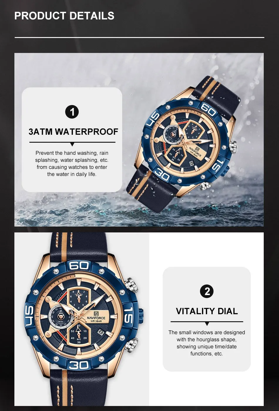 NAVIFORCE Men's Watches Military Sport Genuine Leather Waterproof Chronograph Quartz Wrist Watch