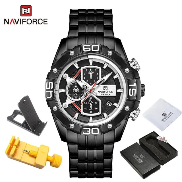 NAVIFORCE Men's Watches Military Sport Genuine Leather Waterproof Chronograph Quartz Wrist Watch