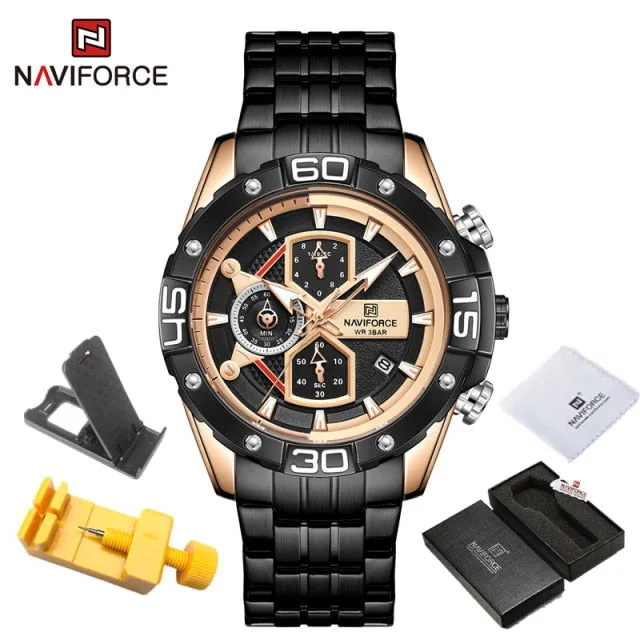 NAVIFORCE Men's Watches Military Sport Genuine Leather Waterproof Chronograph Quartz Wrist Watch