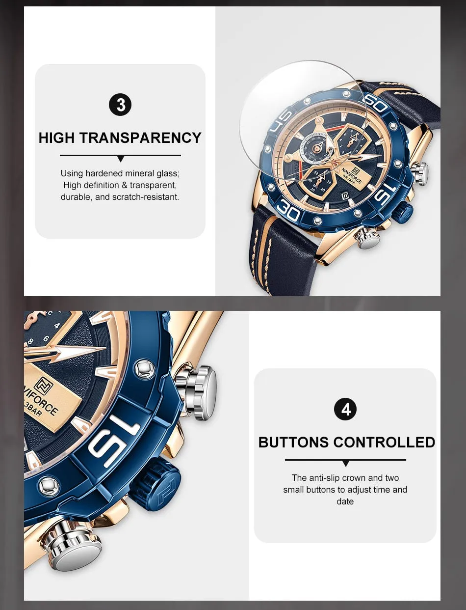 NAVIFORCE Men's Watches Military Sport Genuine Leather Waterproof Chronograph Quartz Wrist Watch