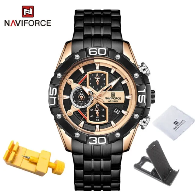 NAVIFORCE Men's Watches Military Sport Genuine Leather Waterproof Chronograph Quartz Wrist Watch