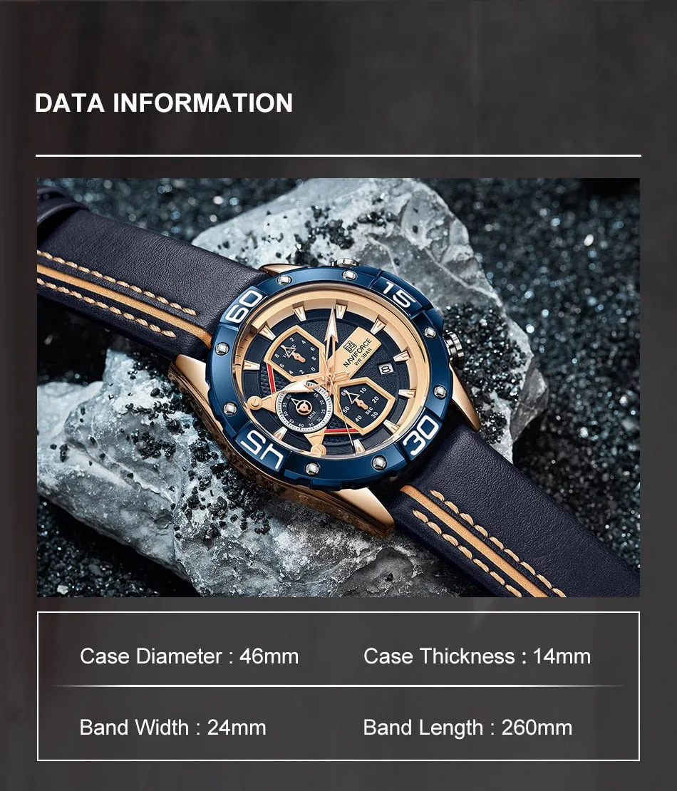 NAVIFORCE Men's Watches Military Sport Genuine Leather Waterproof Chronograph Quartz Wrist Watch