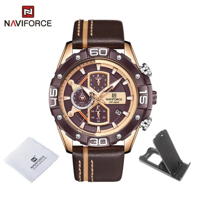 NAVIFORCE Men's Watches Military Sport Genuine Leather Waterproof Chronograph Quartz Wrist Watch