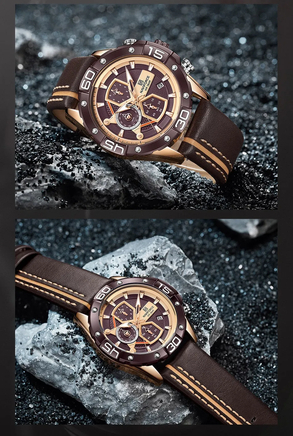 NAVIFORCE Men's Watches Military Sport Genuine Leather Waterproof Chronograph Quartz Wrist Watch