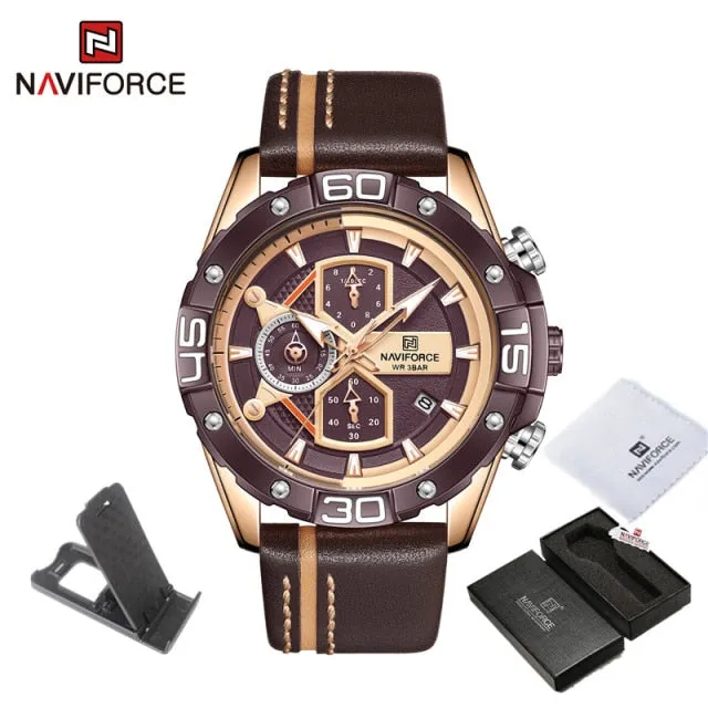 NAVIFORCE Men's Watches Military Sport Genuine Leather Waterproof Chronograph Quartz Wrist Watch