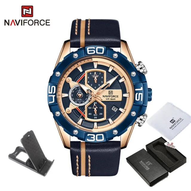 NAVIFORCE Men's Watches Military Sport Genuine Leather Waterproof Chronograph Quartz Wrist Watch