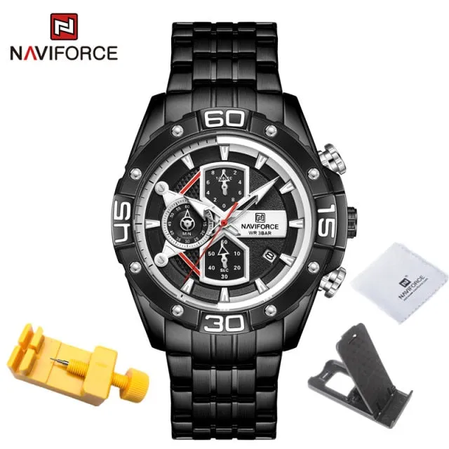 NAVIFORCE Men's Watches Military Sport Genuine Leather Waterproof Chronograph Quartz Wrist Watch