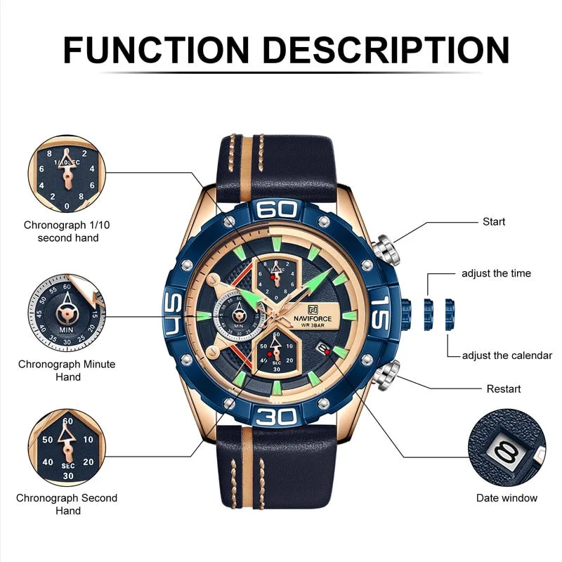 NAVIFORCE Men's Watches Military Sport Genuine Leather Waterproof Chronograph Quartz Wrist Watch