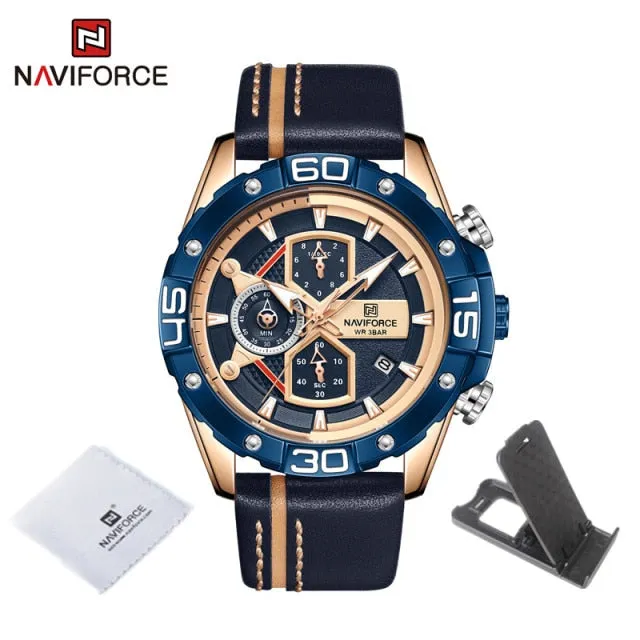 NAVIFORCE Men's Watches Military Sport Genuine Leather Waterproof Chronograph Quartz Wrist Watch