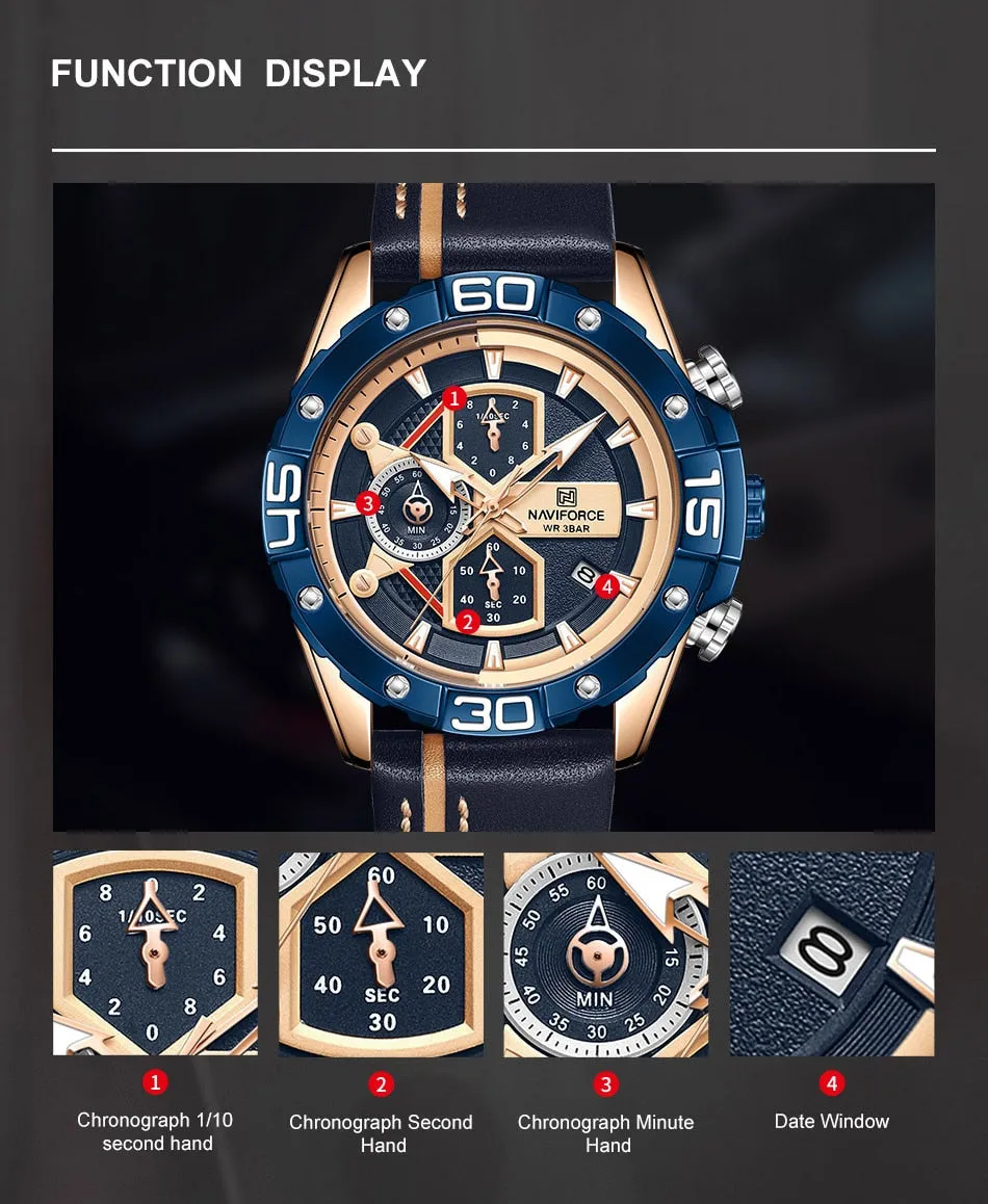 NAVIFORCE Men's Watches Military Sport Genuine Leather Waterproof Chronograph Quartz Wrist Watch