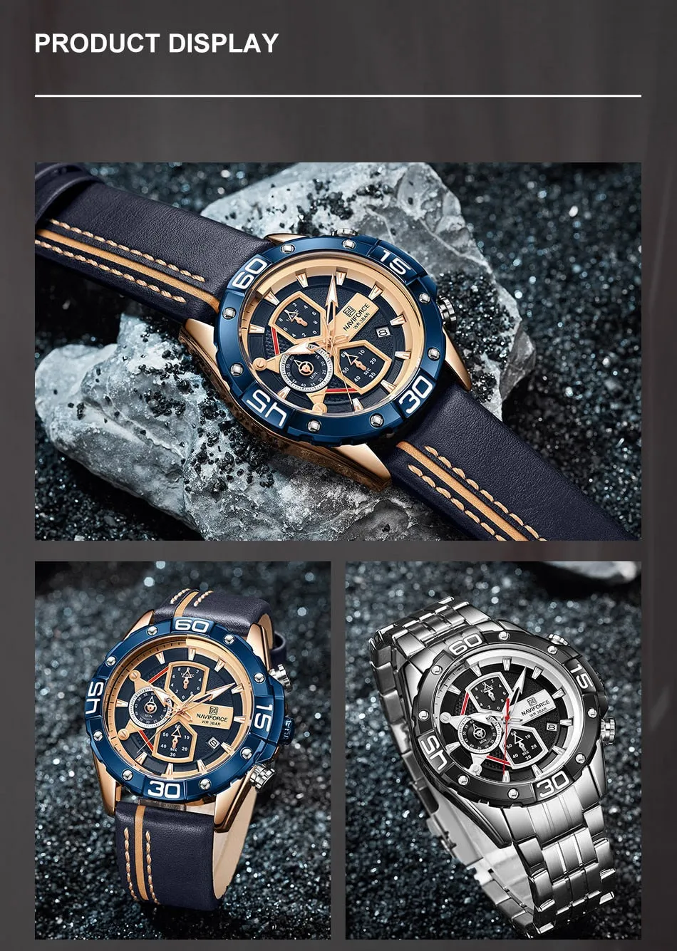 NAVIFORCE Men's Watches Military Sport Genuine Leather Waterproof Chronograph Quartz Wrist Watch