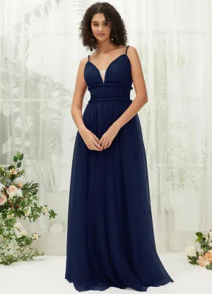 Navy Blue Tulle Backless Pleated Pocket Floor Length Bridesmaid Dresses