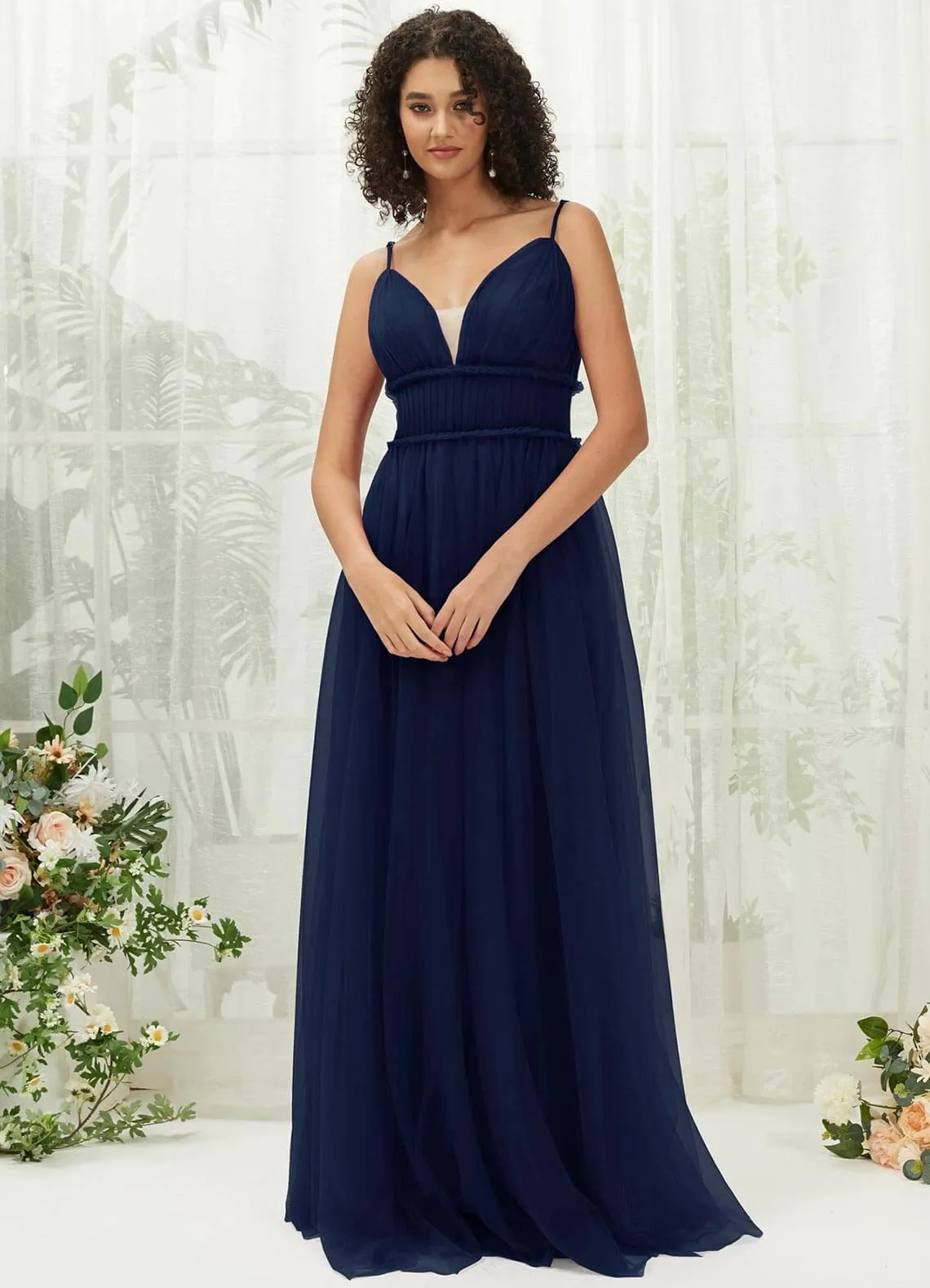 Navy Blue Tulle Backless Pleated Pocket Floor Length Bridesmaid Dresses