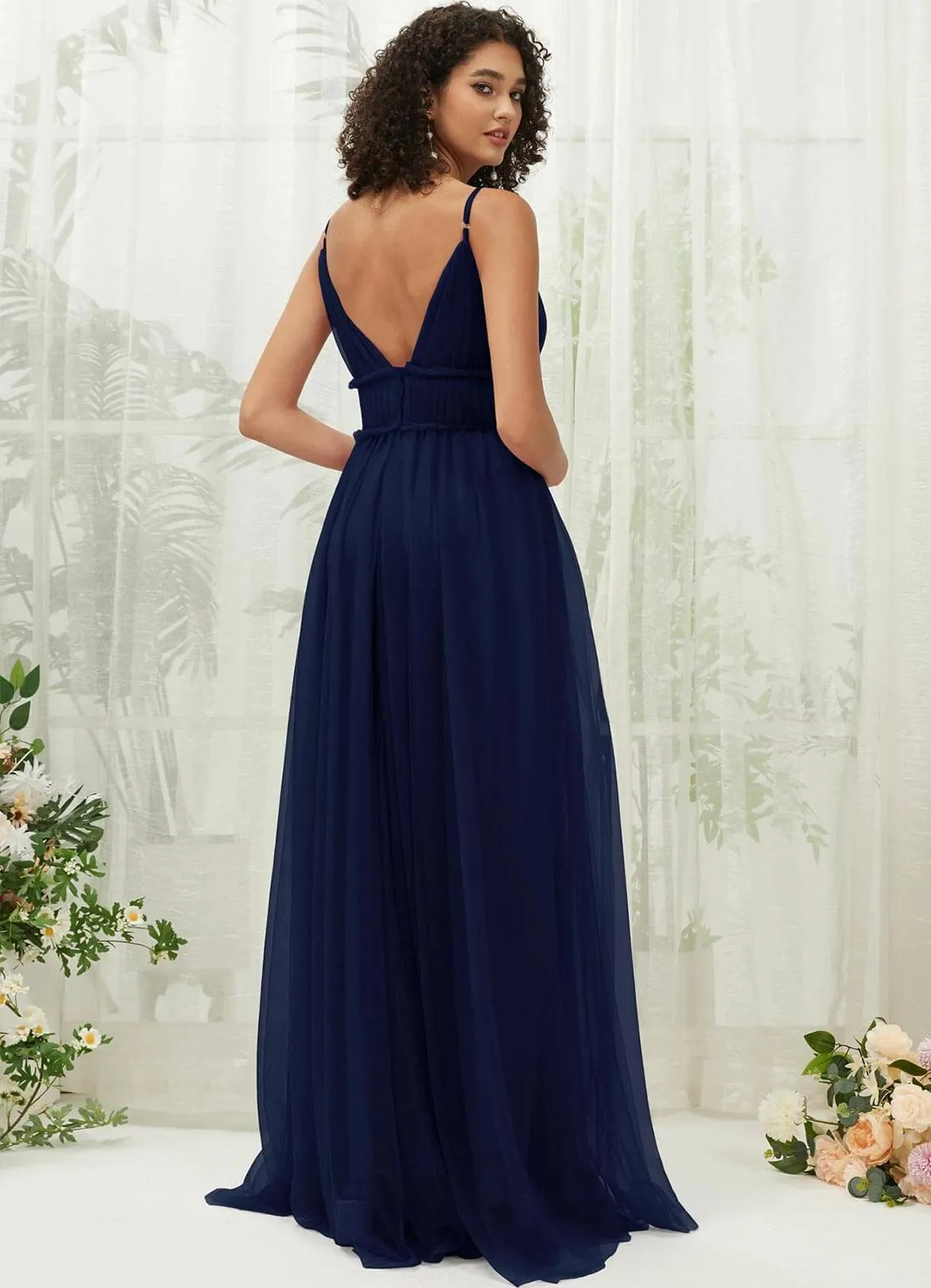 Navy Blue Tulle Backless Pleated Pocket Floor Length Bridesmaid Dresses