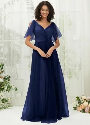 Navy Blue Tulle Sweetheart Ruffle Sleeve Pocket Maxi Bridesmaid Dress