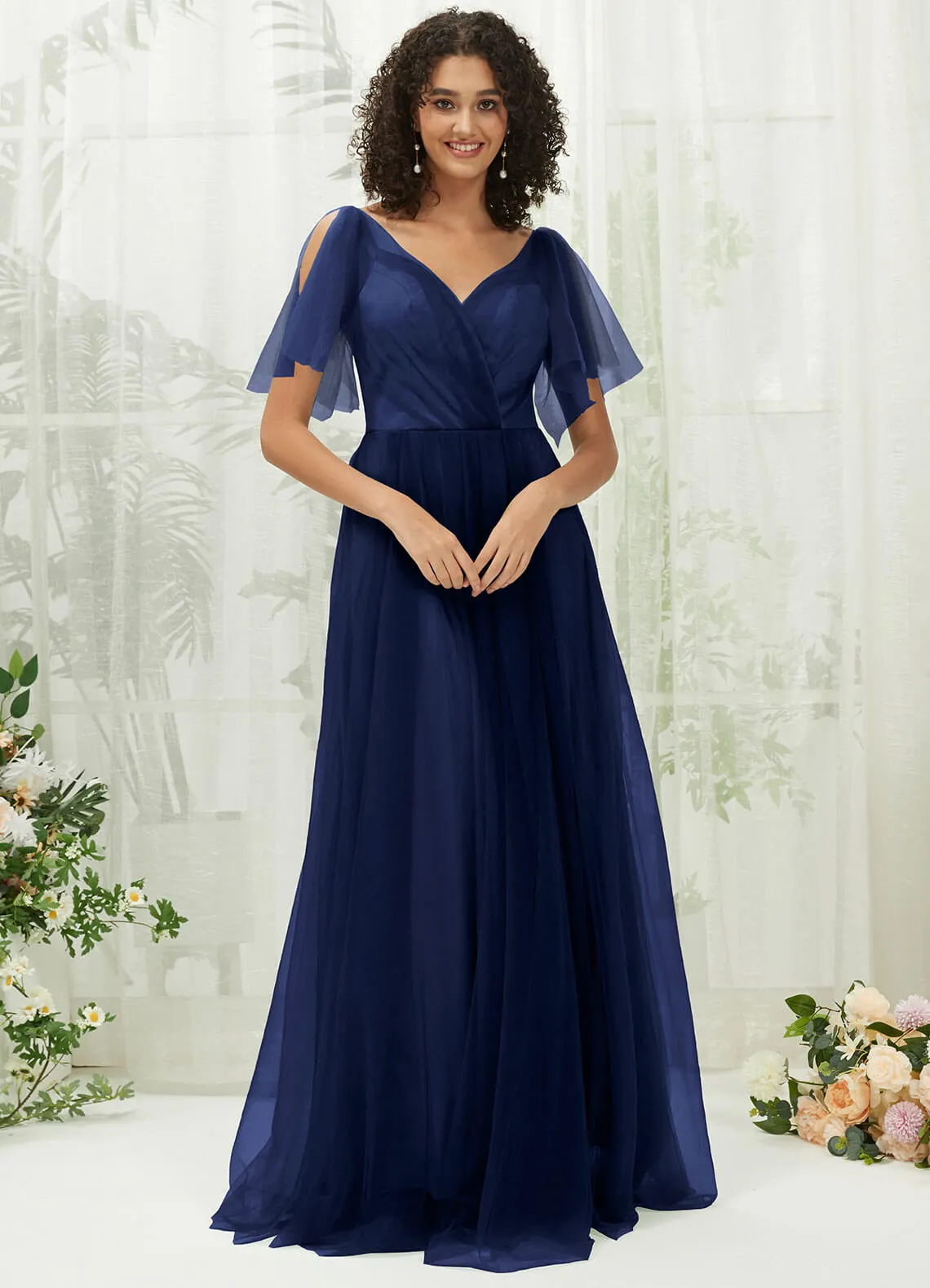 Navy Blue Tulle Sweetheart Ruffle Sleeve Pocket Maxi Bridesmaid Dress