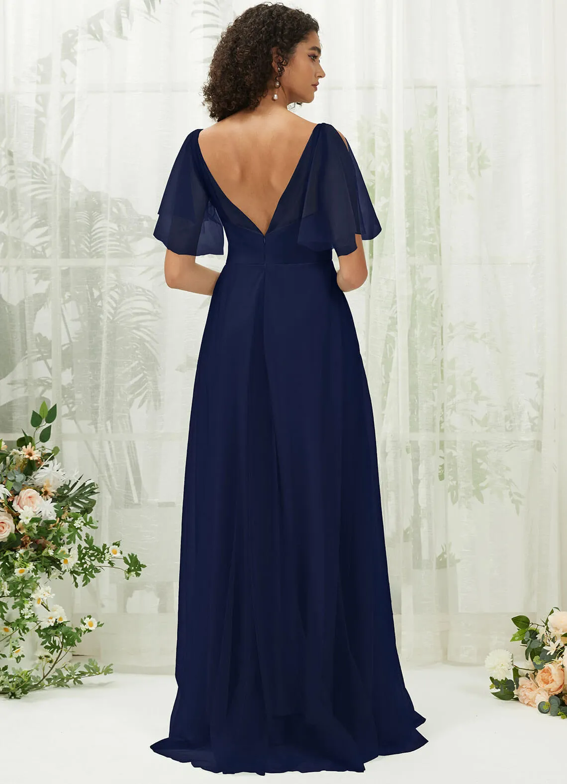 Navy Blue Tulle Sweetheart Ruffle Sleeve Pocket Maxi Bridesmaid Dress