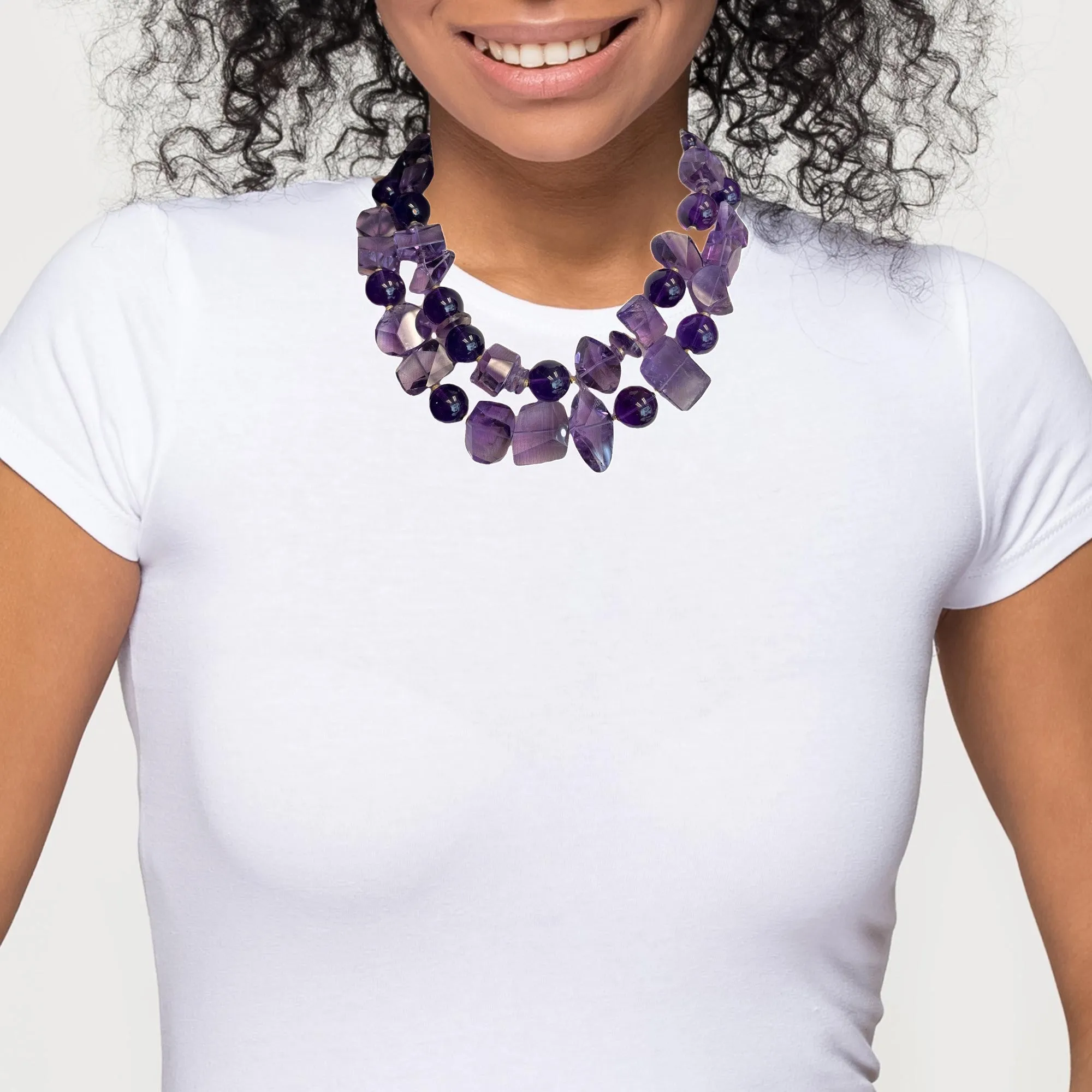 Nesting Double Strand Amethyst Round and Nugget Bead Necklace with Yellow Gold