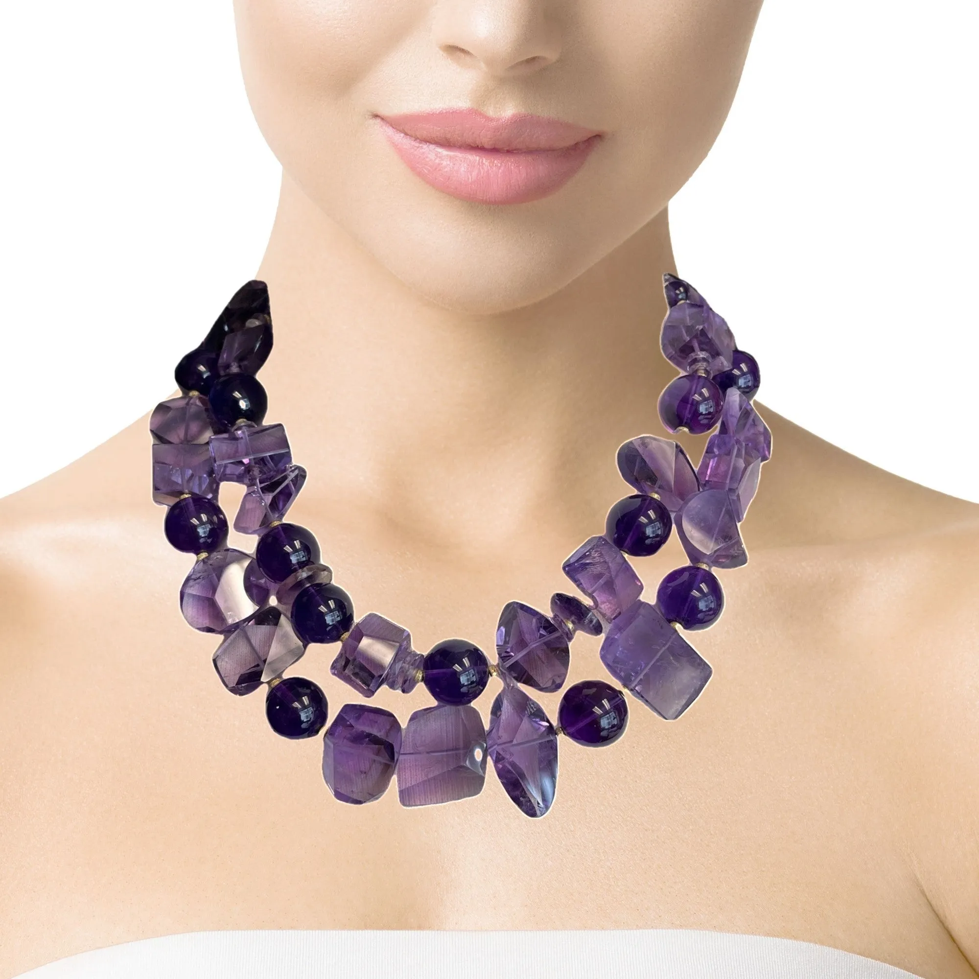 Nesting Double Strand Amethyst Round and Nugget Bead Necklace with Yellow Gold