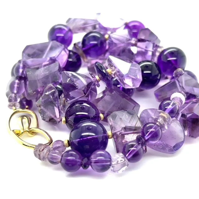 Nesting Double Strand Amethyst Round and Nugget Bead Necklace with Yellow Gold