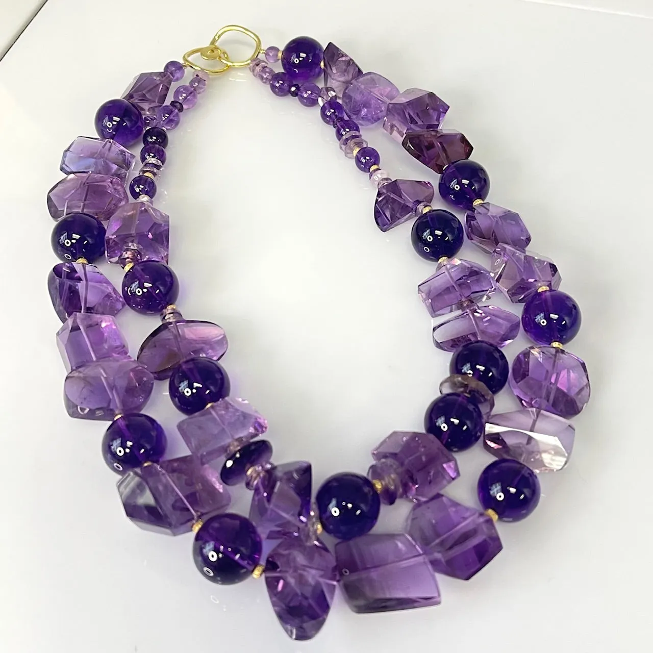 Nesting Double Strand Amethyst Round and Nugget Bead Necklace with Yellow Gold