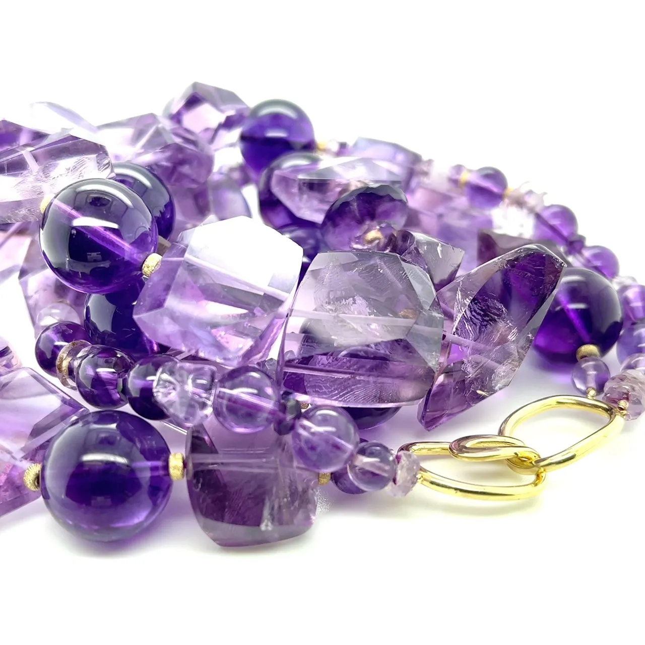 Nesting Double Strand Amethyst Round and Nugget Bead Necklace with Yellow Gold