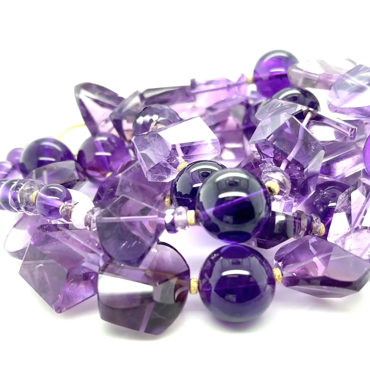 Nesting Double Strand Amethyst Round and Nugget Bead Necklace with Yellow Gold