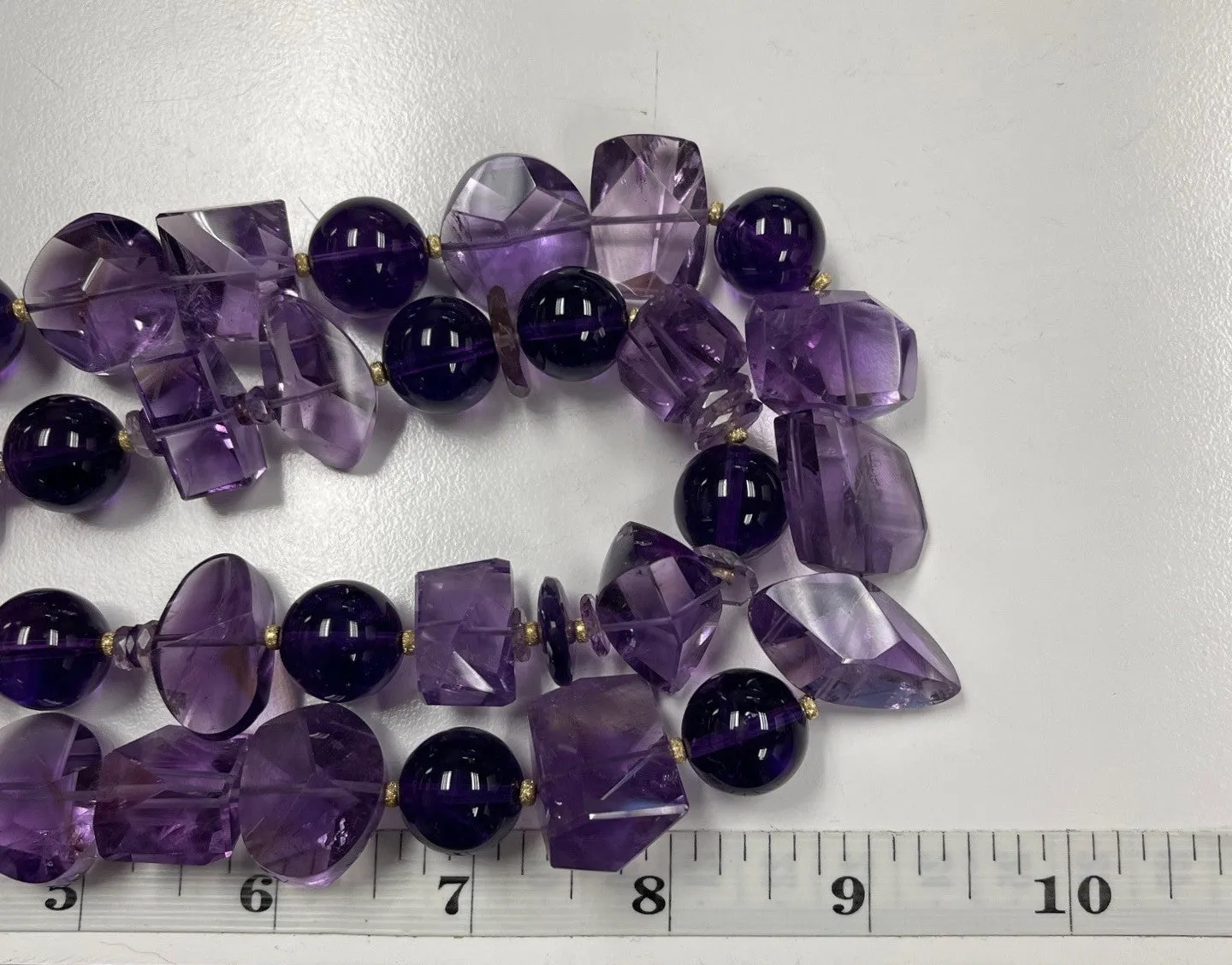 Nesting Double Strand Amethyst Round and Nugget Bead Necklace with Yellow Gold