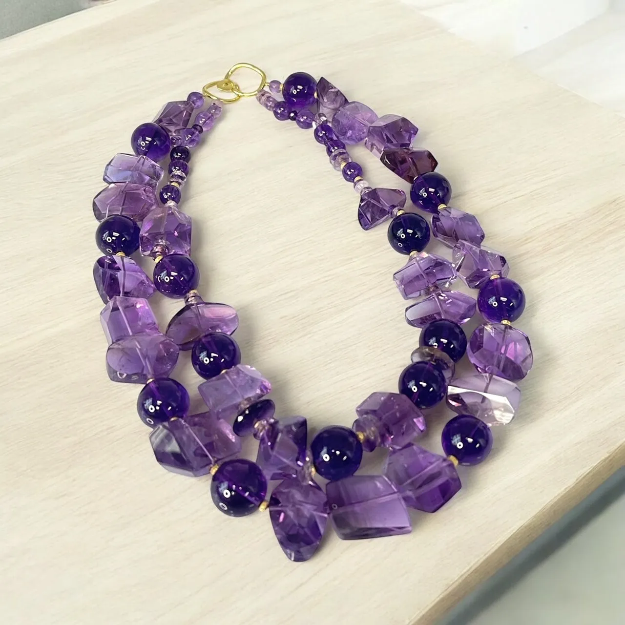 Nesting Double Strand Amethyst Round and Nugget Bead Necklace with Yellow Gold