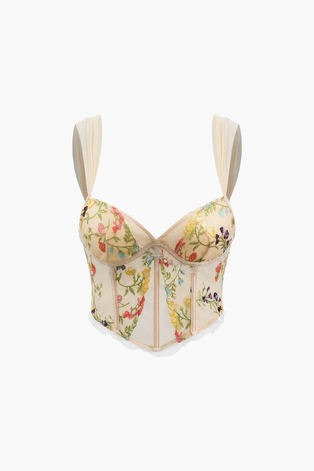 NEW MICAS Women Floral Corset Camisole White Mesh Crop Top Bustier Sexy Sleeveless Fashion Lingerie Slim Vest, Wheat (Light Beige), Sz S