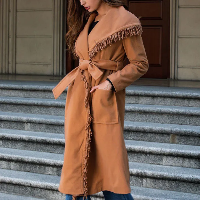New Woolen Coat Camel Tassel Stitching Cardigan Coat
