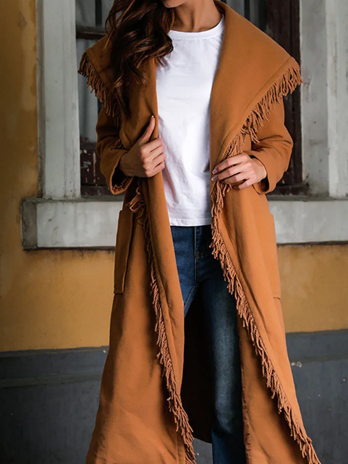 New Woolen Coat Camel Tassel Stitching Cardigan Coat