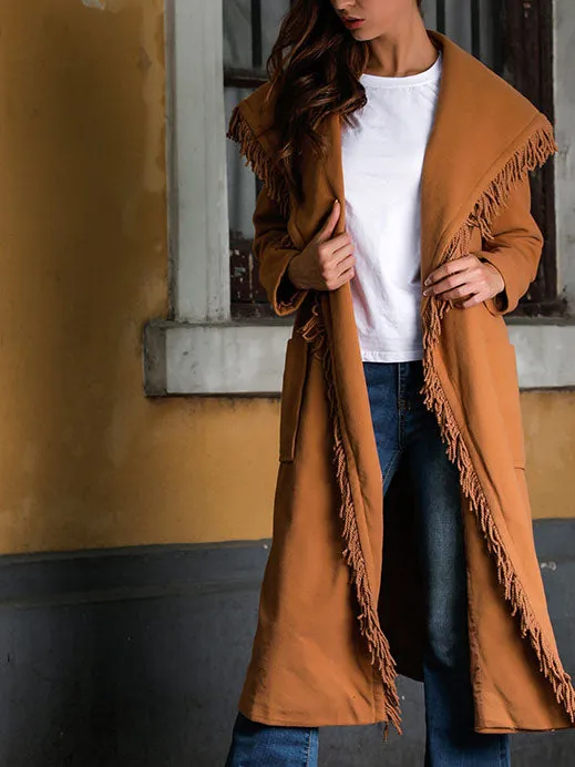 New Woolen Coat Camel Tassel Stitching Cardigan Coat